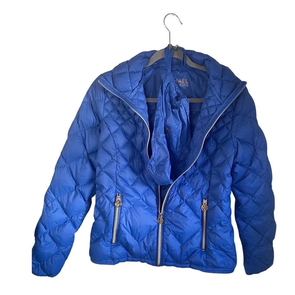 Michael Kors Womens Packable Down Puffer Jacket Blue Diamond Quilted Gold Zip‎ M